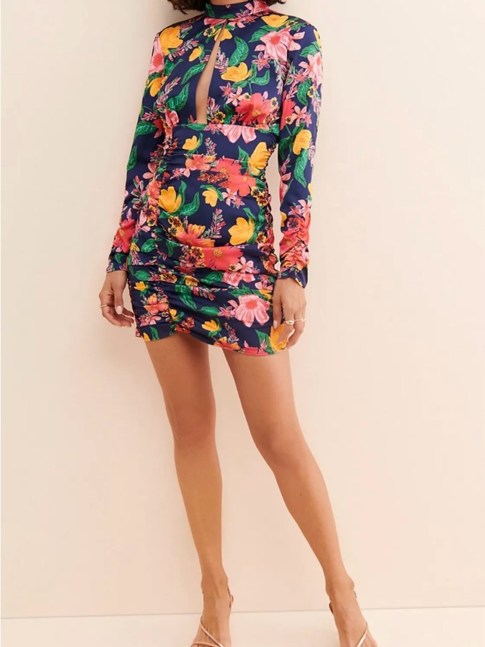 Finders Keepers Navy Floral Keyhole Long-Sleeve Mini Dress